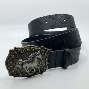 Women's Black Embossed Western Horse Buckle Belt, 28.5–39.5 Inches, X7G9A1018 thumbnail 8
