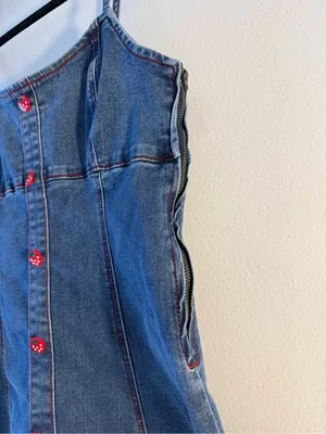 Denim Mini Dress with Red Heart Buttons Blue Size M thumbnail 4