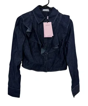 Avec Les Filles Shirt Womens Size Small Blue Denim Ruffle Front Cropped Top thumbnail 1