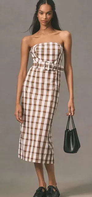 Maeve Strapless Gingham Midi Dress with Belt in Brown and White thumbnail 1