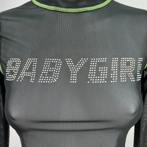 Urban Outfitters Womens Black Babygirl Rhinestone Mesh Long-Sleeve Crop Top XS thumbnail 3