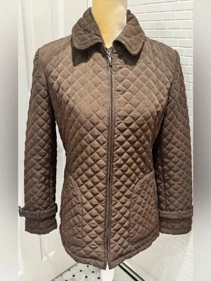 Quilted polyester chocolate brown belted jacket. Pockets. Animal print lining. M thumbnail 2