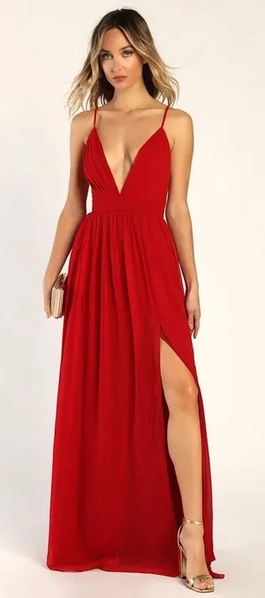 New! Lulu's Ballroom Bliss Red Pleated Deep V Chiffon Long Maxi Dress Sz Large thumbnail 1