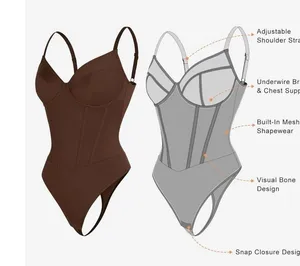 Popilush Corset Bodysuit Built in Bra V Neck Tummy Control Thong Shapewear NEW thumbnail 8