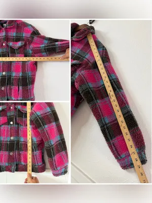 APPARIS Women XS Plaid Sherpa Teddy Trucker Jacket Pink Blue Faux Shearling thumbnail 8