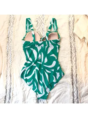 Shade & Shore NWT Women's One Piece Swimsuit Green White Leaf Shirred M (8/10) thumbnail 11