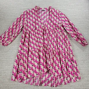 Zara Geometric Babydoll Dress Womens Medium Pink High Low Tunic Tiered Loose Fit thumbnail 8