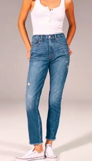 A&F Abercrombie & Fitch Distressed Mom Jeans High Waisted Raw Hem 12 thumbnail 1