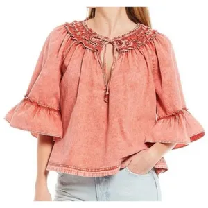Free people orange mineral wash Ainsley ruffle blouse small thumbnail 1