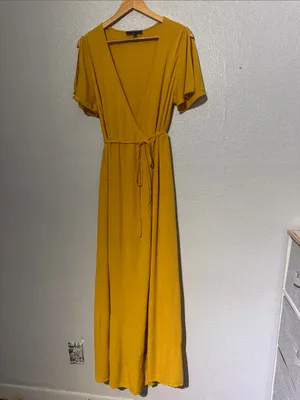 Lulus Much Obliged Golden Yellow Split Sleeve Wrap Maxi Dress L thumbnail 2