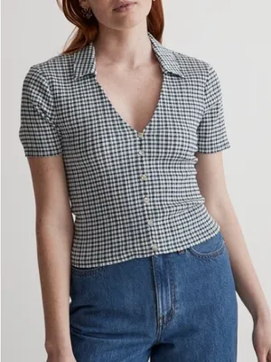 Madewell Mineral Blue Gingham Cropped Button Front Top Medium Stretch Plaid Y2K thumbnail 4