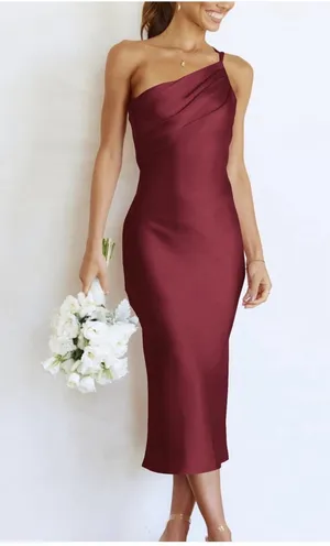PRETTYGARDEN Women's Midi Satin One Shoulder Spaghetti Strap Dress Small thumbnail 1