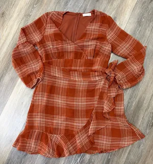 Altar'd State Rust Plaid Wrap Dress Long Sleeve Tie Waist Ruffle L thumbnail 1