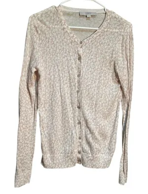 Loft Women's Size Medium Cardigan Sweater Beige White Floral Lightweight Cotton thumbnail 1