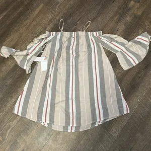O Neill women’s shirt New Tan/Brown‎ Stripe Off Shoulder Top Size Large Flowy thumbnail 5