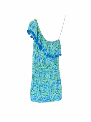 Lilly Pulitzer - Idara One-Shoulder Pom Pom Romper Blue Green Sz M thumbnail 3