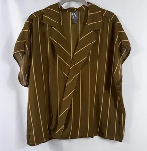 Worthington Striped Surplice Blouse Olive Tan Size L thumbnail 1