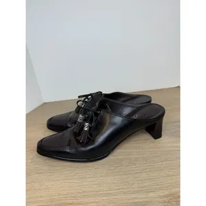 Bia Tassle Mules Women 8M Black Brown Croc Embossed Leather Lace Up Block Heel thumbnail 3