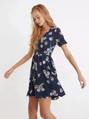 Madewell Blue 100% Silk Button-Front Short Tie-Sleeve Floral Mini Dress Size 14 thumbnail 2
