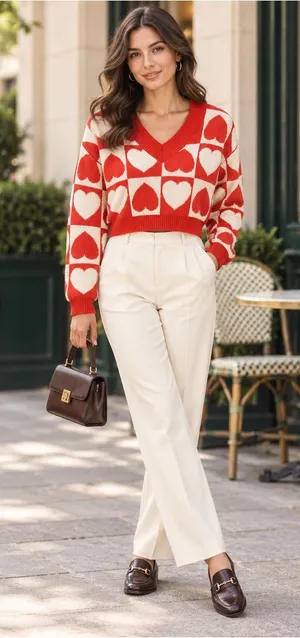 NWT Madden NYC Small Red Cream Heart print Vneck Cropped Knit valentine sweater thumbnail 1