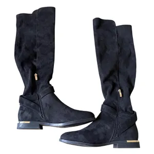 Nine West Black Suede Tall Knee High Buckle Boots Gold Trim Womens Size 8M thumbnail 5