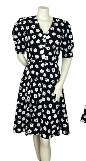 Vintage‎ Dress Floral Party Puffed Sleeves 1980s Flared Skirt Princess Seams thumbnail 1