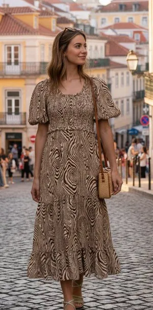 MOON RIVER Smocked Puff Sleeve Midi Dress thumbnail 1