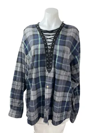 Furst of a Kind Plaid Check Flannel Long Sleeve V Neck Lace Up Shirt Top Sz L/XL thumbnail 1