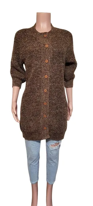 Pulp women's crew neck button-up 3/4 sleeved knit brown cardigan sweater M thumbnail 4