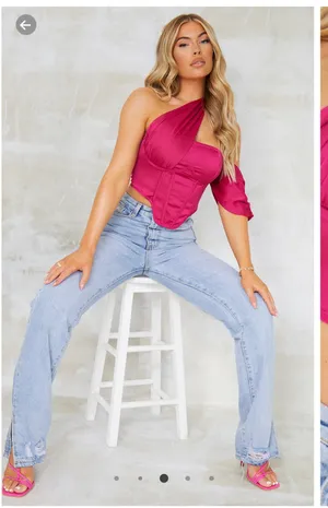 Hot Pink Textured Satin Draped One Shoulder Corset thumbnail 3