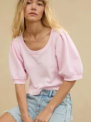 Aerie Seams Right Light Pink Puff Sleeve Cropped Sweatshirt Top Medium thumbnail 1