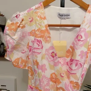 Charlie Holiday Calile Floral Wrap Mini Dress Linen Puff Sleeve Cottagecore thumbnail 8