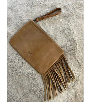 Ariat Tan Leather Fringe Wristlet Clutch with Studded Strap thumbnail 1