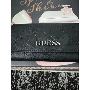 GUESS Black Embossed Logo Foldover Wallet with Silver Lettering thumbnail 3