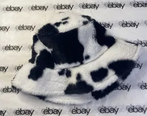 Cow Print Faux Fur Bucket Hat Black & White Fluffy Y2K Unisex thumbnail 1