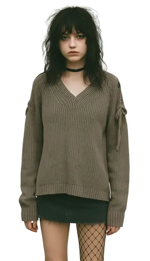 Umgee Chunky Knit‎ Sweater Women's Medium Mineral Wash Lace-Up Shoulder Grunge thumbnail 1