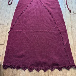 Burgundy Metallic Knit Maxi Dress Crochet Lace Trim Lace Up Back Wine Red Gown thumbnail 7