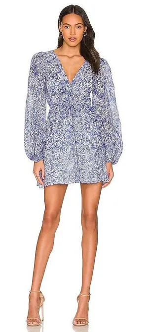 Amanda Uprichard Morello Dress In Chalet Blue Printed Long Sleeve Size M thumbnail 1