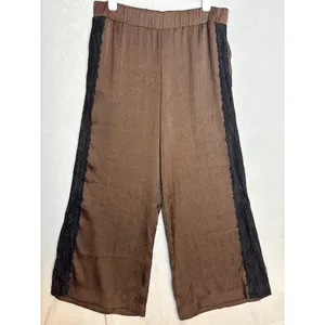 Anthropologie Brown Crinkle Satin Wide Leg Pants Black Lace Trim XL NEW thumbnail 2