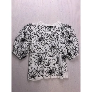 Maeve Puff-Sleeve Embroidered Pullover Top Women Size S White Black Crewneck thumbnail 7