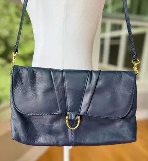Vintage 80s 90s Navy Gold Genuine Leather Purse Shoulder Bag thumbnail 1