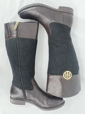 Tommy Hilfiger Madelen 2 Brown Leather Charcoal Wool Gold Logo Riding Boots 9.5 thumbnail 3
