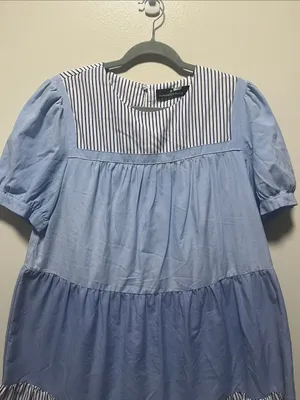 TUCKERNUCK Pomander Place Quinn Blue Striped Tiered Mini Dress, Size L thumbnail 4