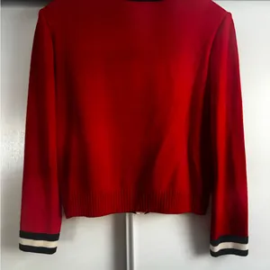 St. John Collection Red Knit Open-Front Jacket with Black and Cream Trim thumbnail 7