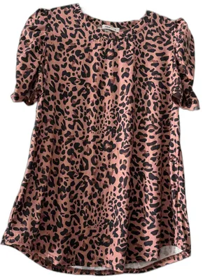Wild Rose Leopard Print Puff Sleeve Babydoll Tunic Blouse Women’s M thumbnail 1