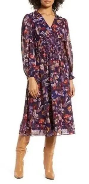 Julia Jordan Floral Print Long Sleeve Midi Dress in Purple Multi Size 4 thumbnail 1