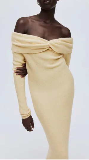 H&M | Fine Knit Off-Shoulder Twist Knit MIDI Dress in Pale Yellow XS thumbnail 1