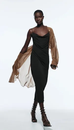 Zara Black Silky Cowl Neck Cami Camisole Midi Backless Tank Slip Dress Size L thumbnail 1