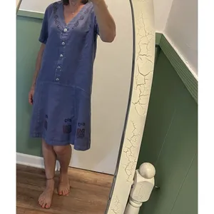Vintage Blue Cactus Linen Dress Made in USA Boho Painted Print Drop Waist M/L thumbnail 7
