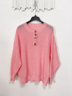 Amazon Coral Pink Oversized Henley Button Pullover Knit Sweater thumbnail 2